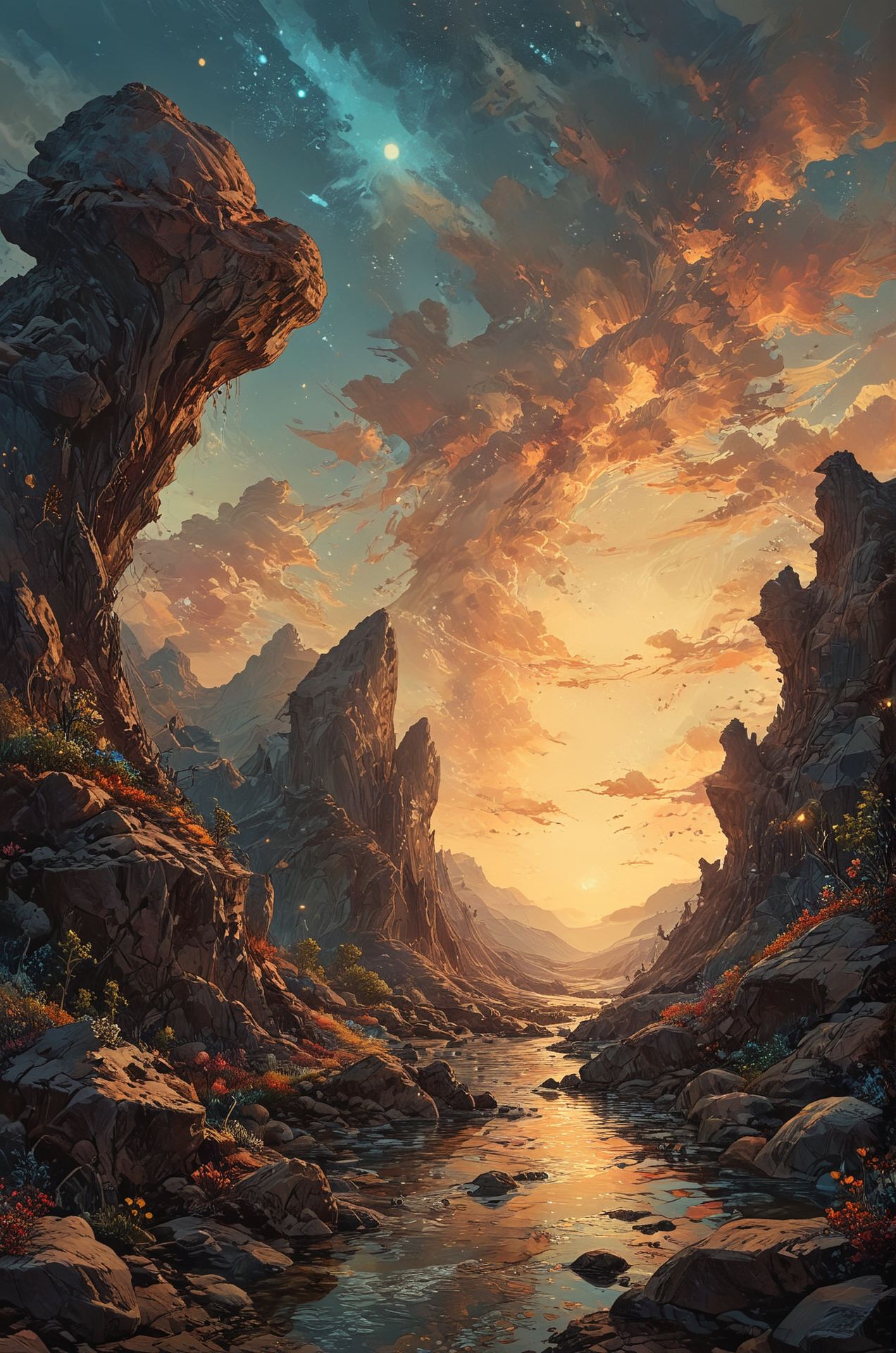An otherworldly landscape inspired by the alien landscapes of distant planets, with towering rock formations carved by wind and erosion and bioluminescent flora casting an ethereal glow. The sky is filled with swirling nebulae and distant stars, hinting at the mysteries of the cosmos. (masterpiece, award winning artwork)
many details, extreme detailed, full of details,
Wide range of colors, high Dynamic
<lora:EldritchMixIllustration_1.0:1.0>
<lora:add-detail-xl:0.89>
 <lora:xl_more_art-full_v1:0.4> 
 <lora:MJ52:0.4>