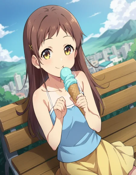score_9, score_8_up, score_7_up, source_anime,
chiesayama, <lora:chie-sayama-ponyxl-lora-nochekaiser:1>
chie sayama, brown hair, yellow eyes, hair ornament, hairclip,
camisole, blue camisole, bare shoulders, collarbone, skirt, yellow skirt,
outdoors, cityscape, eating, smile, ice cream, sitting, bench,
looking at viewer, dutch angle, cowboy shot,