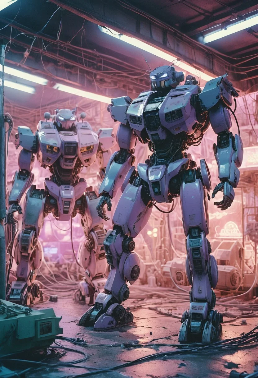 A photograph with an overexposed, grainy, 35mm film aesthetic, capturing mysterious, otherworldly Mecha tanks depicting dark, futuristic concepts. The designs feature bodies and limbs contorted into surreal, unattainable shapes, adorned as hazmat cyborgs in faded pastel hues of lavender, peach, and mint. The passage of time lends a muted quality to the colors, while soft pink lightning electrifies the cables, adding an ethereal touch. The composition employs symmetrical cinematography reminiscent of French arthouse style, creating a dreamlike atmosphere.
