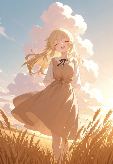 safe_pos, masterpiece, best quality, good quality, newest, highres, absurdres, volumetric lighting,gradient color,
1girl,long hair, blonde hair,walking, standing in a wheat field,eyes closed,a serene smile,open mouth,smiles contentedly, hands behind back,warm sunlight, wheat swayin the soft breeze, smiling contentedly,hair flows with the wind,sunset,shirt under dress,dress, soft blue sky,fluffy white clouds,front view,long shot,peaceful and serene atmosphere