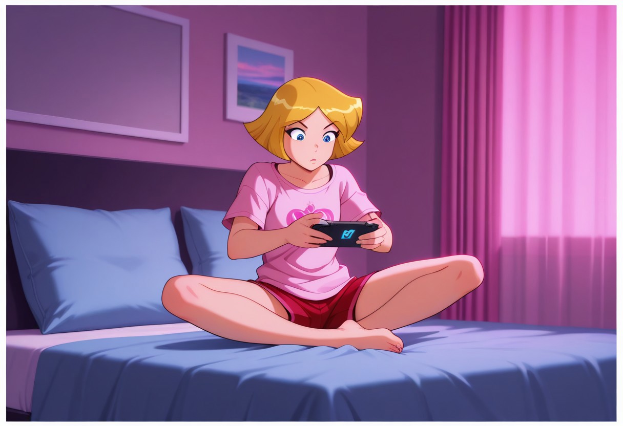 Score 9, Score 8, Score 7, Masterpiece, High Quality, Good Quality, Latest Model, High Resolution, Absurd, ((White Border)), Cinematic Lighting, High Contrast (Rim Light: 0.6), Dynamic Vision, <lora:illustriousXL_stabilizer_v1.23:0.3> <lora:NOOB_vp1_detailer_by_volnovik_v1:0.3> <lora:ponyv6_noobE11_2_adamW-000017:0.45> <lora:checkpoint-e18_s306:1.5> <lora:haiz_ai_illu:0.7>, Vibrant Colors, Bright Color, Dynamic Pose, Dynamic Angle, Dynamic Composition, Dynamic Colors, Colorful Image, High Contrast, Saturated Colors, Thick Line, Bright Colors, Good Lighting, Color Saturation, masterpiece, best quality, source_hentai, medium shot, 
 1girl, solo,cl0ver_totally_spies, short hair, blonde hair, blue eyes,
Texting, sitting on bed, girl's room, pink lighting, red shorts, pink baggy shirt, barefoot, gossip,