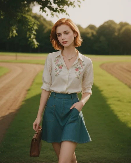 (style of Alessio Albi:1.4), Realist Portraiture, Soft Lighting, Emotional Depth, Simple Compositions, (Layered Depth, Soft focus foreground, Painted Scenery:1.1), alluring feminine physique, 24yo B34U71FU1_CA3LIA attractive irish redhead, wide cinematic establishing shot seductive young woman picnic under tree, (Layered Depth, Soft focus foreground, Painted Scenery:1.1), (bra, young adult irish redhead:1.15), short backlit hair, perfect face, thin upper lip, pouting lower lip, thin brows, small upturned nose, bow-shaped lips, large expressive almond shaped eyes, Raised Eyebrows, Focused Gaze, eager expression, quaint farm setting, (relaxed country woman), (tight unbuttoned shirt, thin material), subsurface scattering, classic cotton, soft pastel, intricate embroidery collar cuffs, rolled-up sleeves revealing sun-kissed forearms BREAK (blanket:1.15), rich textures, patchwork design, vibrant colors, detailed stitching, homely aesthetic (skirt), elegant rustic charm, subtle floral pattern, linen, sways breeze BREAK ((wildflower wreath)), crown delicate chain necklace, small, intricate pendant, heart-shaped with floral theme, glowing subtly in the soft light, ethereal quality, [lens flare glinting], (mischievous yet content expression), lush green fields in the background, (soft, sunlit ambiance), simple leather boots, carefree hair  <lora:kodak_ultramax_400:0.8> golden hour, soft golden light, pastel sky, relaxed posture, natural smile, earthy colors, candid moment, trees and flowers in background, leading lines, depth of field, slightly off-center framing, warm tones, cinematic look, natural setting, editorial style, soft textures, subtle lighting, peaceful mood