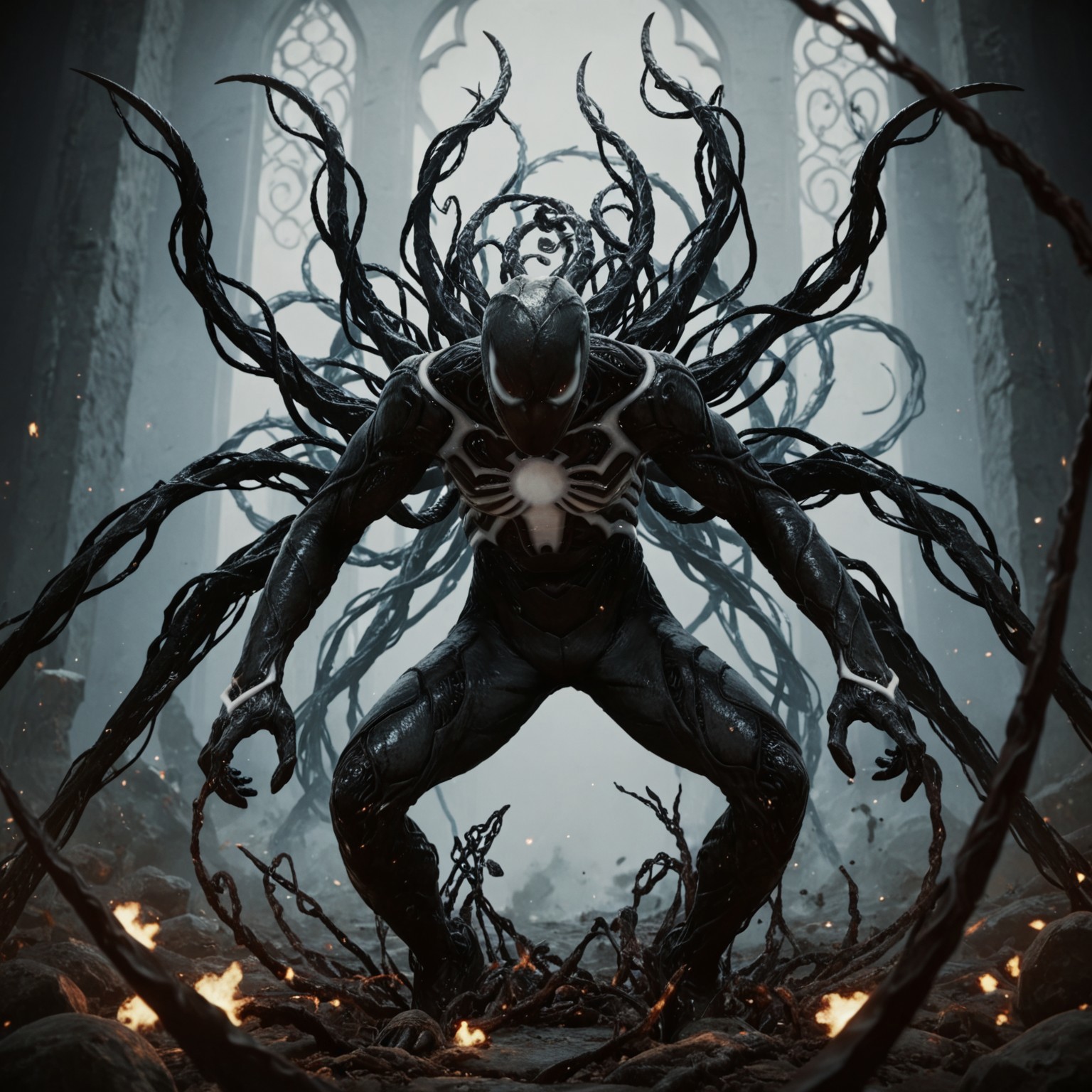 score_9_up, score_8_up, best quality, masterpiece, symbiote suit, evil symbiote eyes and symbol, symbiote tendrils, white eyes, white symbol, 