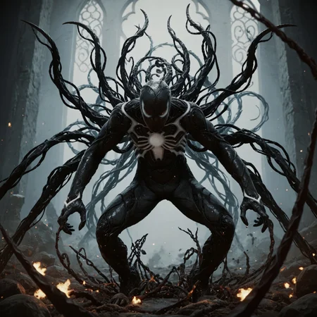 score_9_up, score_8_up, best quality, masterpiece, symbiote suit, evil symbiote eyes and symbol, symbiote tendrils, white eyes, white symbol,