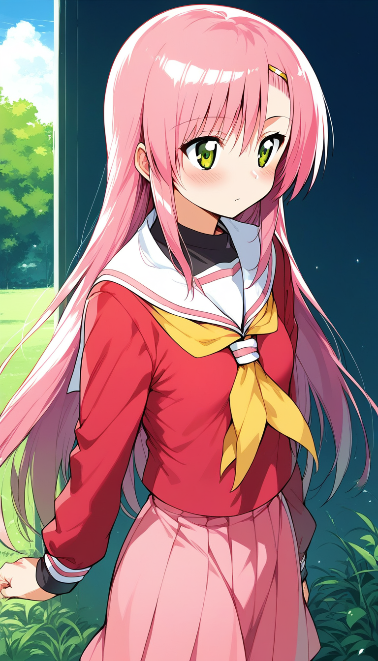 score_9, score_8_up, score_7_up, source_anime, rating_explicit, BREAK  <lora:Katsura_Hinagiku_XL:1>Katsura_Hinagiku, pink hair, long hair, Yellow green eyes, hairclip, small breasts, school uniform, red serafuku, pink skirt,
 1girl, solo, blush, neckerchief, long sleeves, standing, 
blue sky, outdoor, day, grass,