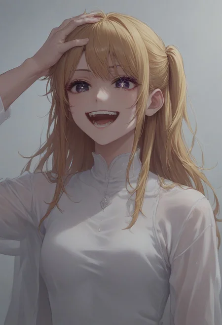 score_9, score_8_up, score_7_up, masterpiece, high resolution, concept art, cinematic lighting, hoshino ruby, blonde hair, long hair, one side up, white dress, black eyes, mismatched pupils, star-shaped pupils, traumatized, laughing out load, hand on head, looking down, upper body, fragile background, darkness, grey light,