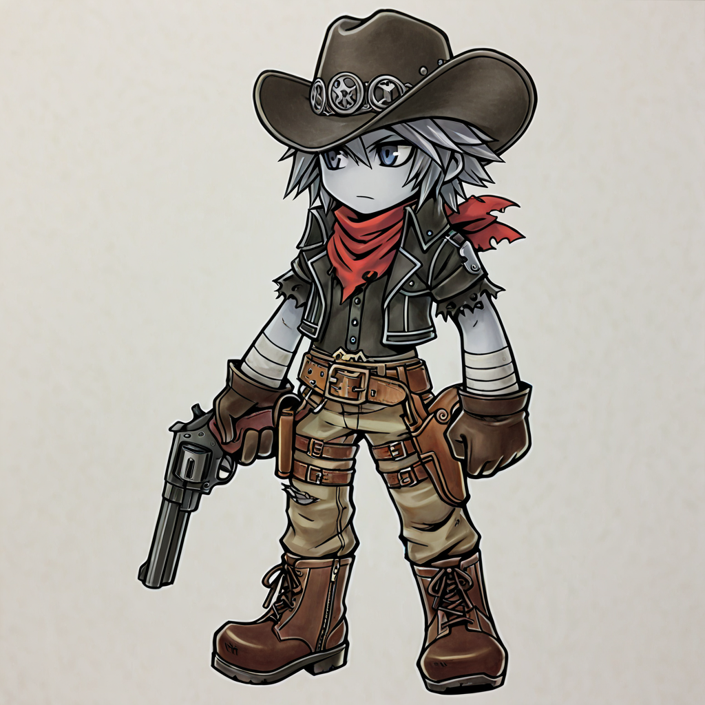 , hat, gun, gloves, 1boy, , male focus, bandages, handgun, boots, revolver, belt, scarf, knife, , holding weapon, , , cowboy hat, holster, torn clothes, , pants, , , ,  grey hair, gray skin, 
2d, (chibi:0.3) <lora:GAME_STYLE_Dissidia_Final_Fantasy_Opera_Omnia:0.7>  , graphite \(medium\), traditional media, colored pencil \(medium\),dissidiaopera, solo, no nose, full body, ,masterpiece, best quality, very awa,