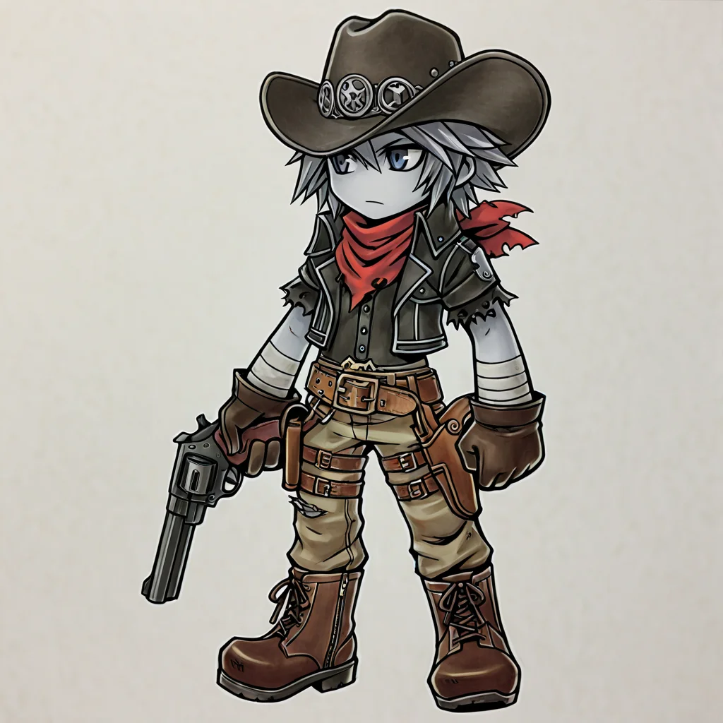 , hat, gun, gloves, 1boy, , male focus, bandages, handgun, boots, revolver, belt, scarf, knife, , holding weapon, , , cowboy hat, holster, torn clothes, , pants, , , , grey hair, gray skin,
2d, (chibi:0.3) <lora:GAME_STYLE_Dissidia_Final_Fantasy_Opera_Omnia:0.7> , graphite \(medium\), traditional media, colored pencil \(medium\),dissidiaopera, solo, no nose, full body, ,masterpiece, best quality, very awa,