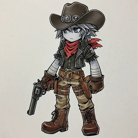 , hat, gun, gloves, 1boy, , male focus, bandages, handgun, boots, revolver, belt, scarf, knife, , holding weapon, , , cowboy hat, holster, torn clothes, , pants, , , , grey hair, gray skin,
2d, (chibi:0.3) <lora:GAME_STYLE_Dissidia_Final_Fantasy_Opera_Omnia:0.7> , graphite \(medium\), traditional media, colored pencil \(medium\),dissidiaopera, solo, no nose, full body, ,masterpiece, best quality, very awa,