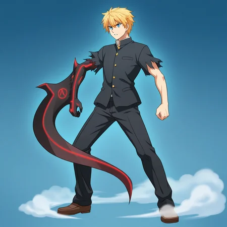 mbdj, black arm, arm blade, 1boy, solo, short hair, blonde hair, white gakuran, torn sleeve, blue background, mist, fog, serious, parted lips, legs apart, full body,