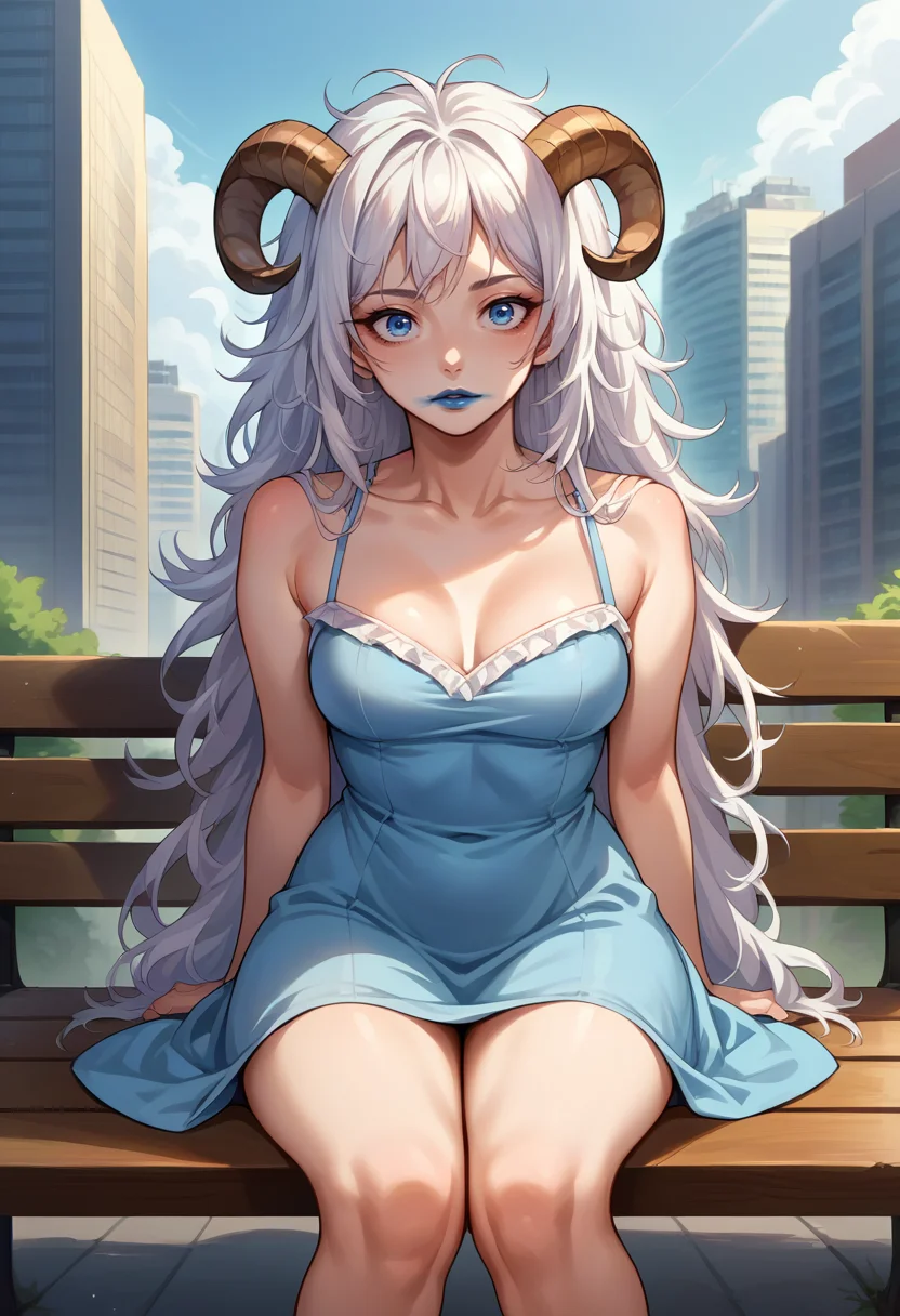 score_9, score_8_up, source_anime, 1girl, solo, white hair, blue eyes, long hair, messy hair, sheep girl, sheep horns, pale skin, light blue dress, smeared lipstick, blue lipstick, outdoors, city, on bench, sitting, <lora:ChamSmearedLipstickPonyXL:1>