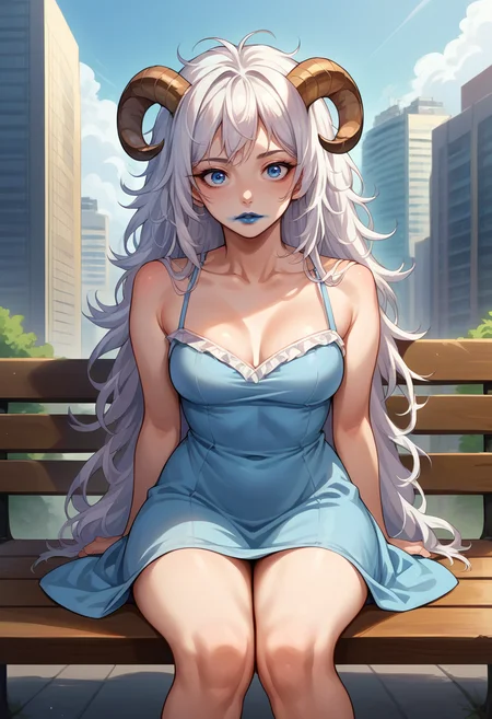 score_9, score_8_up, source_anime, 1girl, solo, white hair, blue eyes, long hair, messy hair, sheep girl, sheep horns, pale skin, light blue dress, smeared lipstick, blue lipstick, outdoors, city, on bench, sitting, <lora:ChamSmearedLipstickPonyXL:1>