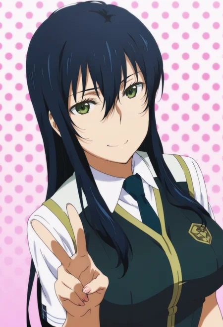 anime screencap, anime coloring, 1girl, solo, <lora:DX888Ayaka:1> kagari ayaka, green eyes, black hair, long hair, school uniform, necktie, BREAK simple background, polka dot background, BREAK dutch angle, from above, upper body, dynamic pose, v,