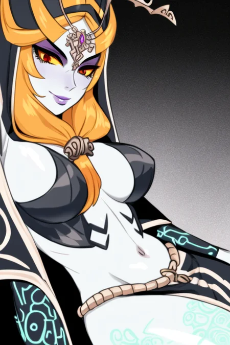 masterpiece, best quality, portrait of midna in a dark world with green lighting, full body, pelvic curtain, legs, slim, 1girl, breasts, colored sclera, blue skin, forehead jewel, front ponytail, grey skin, large breasts, lips, long hair, looking at viewer, midna, orange hair, solo, upper body, yellow sclera, intricate hair, official art