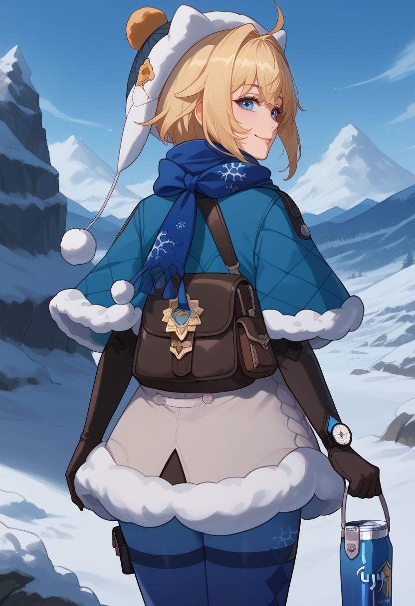 score_9, score_8_up, score_7_up, source_anime, 1girl, lynxlandaudef, 1girl, blue eyes, blonde hair, short hair, ahoge, hat, blue scarf, fur trim, fur-trimmed capelet, blue capelet, white jacket, winter clothes, blue pantyhose, snowflake print, black elbow gloves, watch, fur-trimmed boots, bag, can, standing, smile, looking at viewer, outdoors, snow, mountain, close-up, hand on hip, upper body, from behind, looking back, back, ass, <lora:LynxLandau_v1-000010:1>