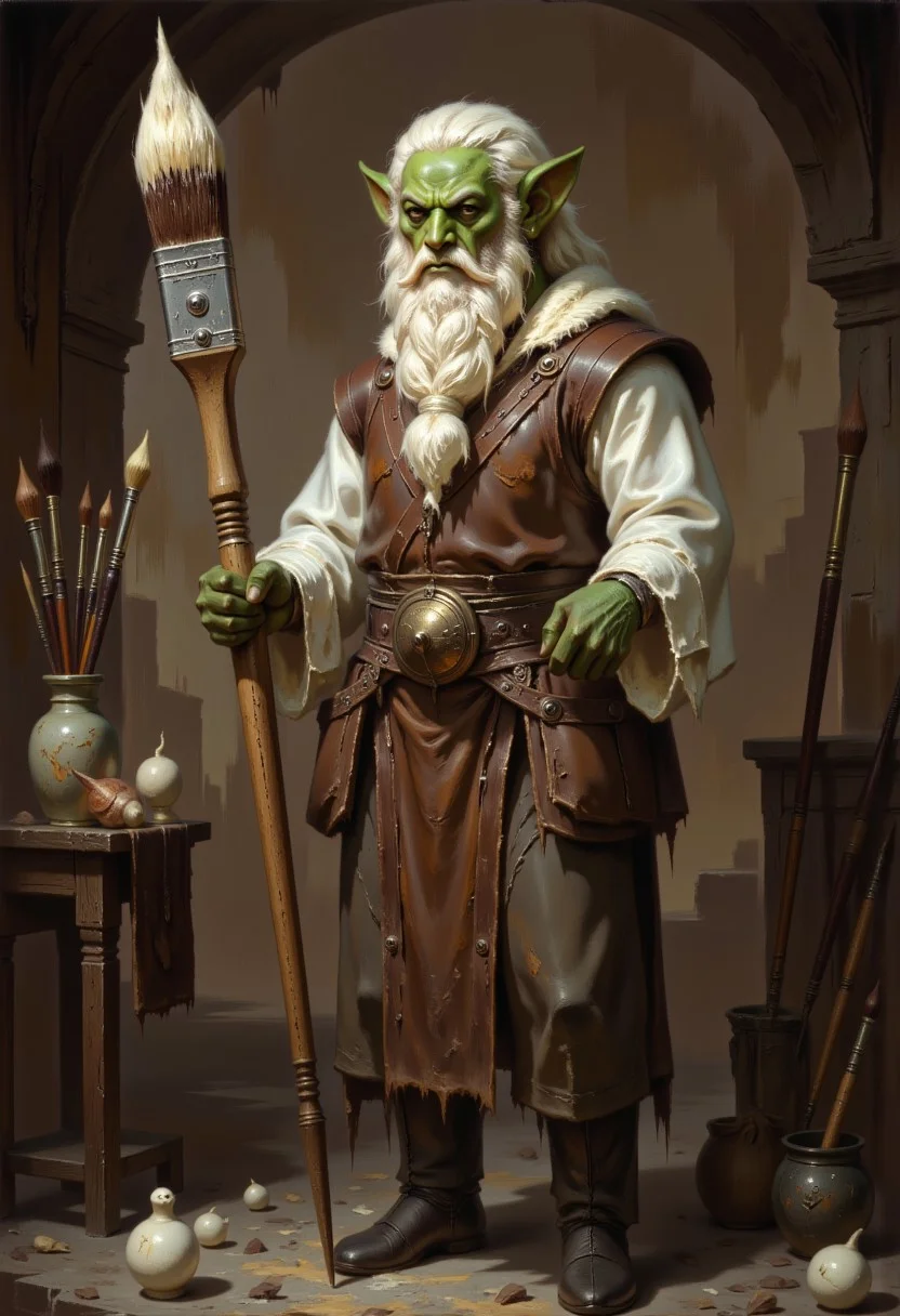 DFOP-V2.0 style oil painting that features a green skined gremlin with long white beard, gremlin hold a big brush that is bigger then him, the brush is stained with paint, the gremlin is dressed in renaissance clothing resembling leonardo Da Vinci and an apron, also wears multiple pouches with smaller brushes and sculpting tools sticking out of them