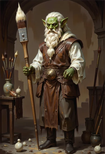 DFOP-V2.0 style oil painting that features a green skined gremlin with long white beard, gremlin hold a big brush that is bigger then him, the brush is stained with paint, the gremlin is dressed in renaissance clothing resembling leonardo Da Vinci and an apron, also wears multiple pouches with smaller brushes and sculpting tools sticking out of them