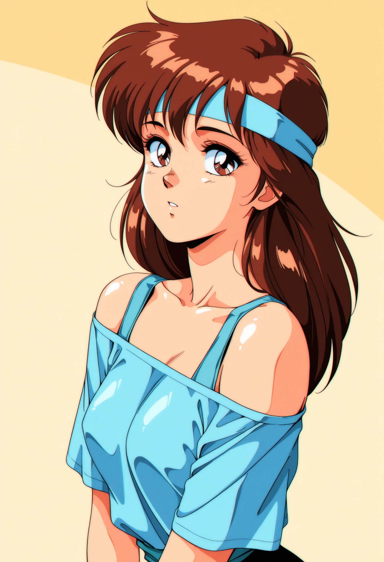 masterpiece, best quality, amazing quality, 1girl, <lora:aerobics_illustrious_byJaneB:1>, sfw, 
, blue headband, blue off-shoulder shirt, 1girl, solo, brown hair, retro artstyle,  upper body