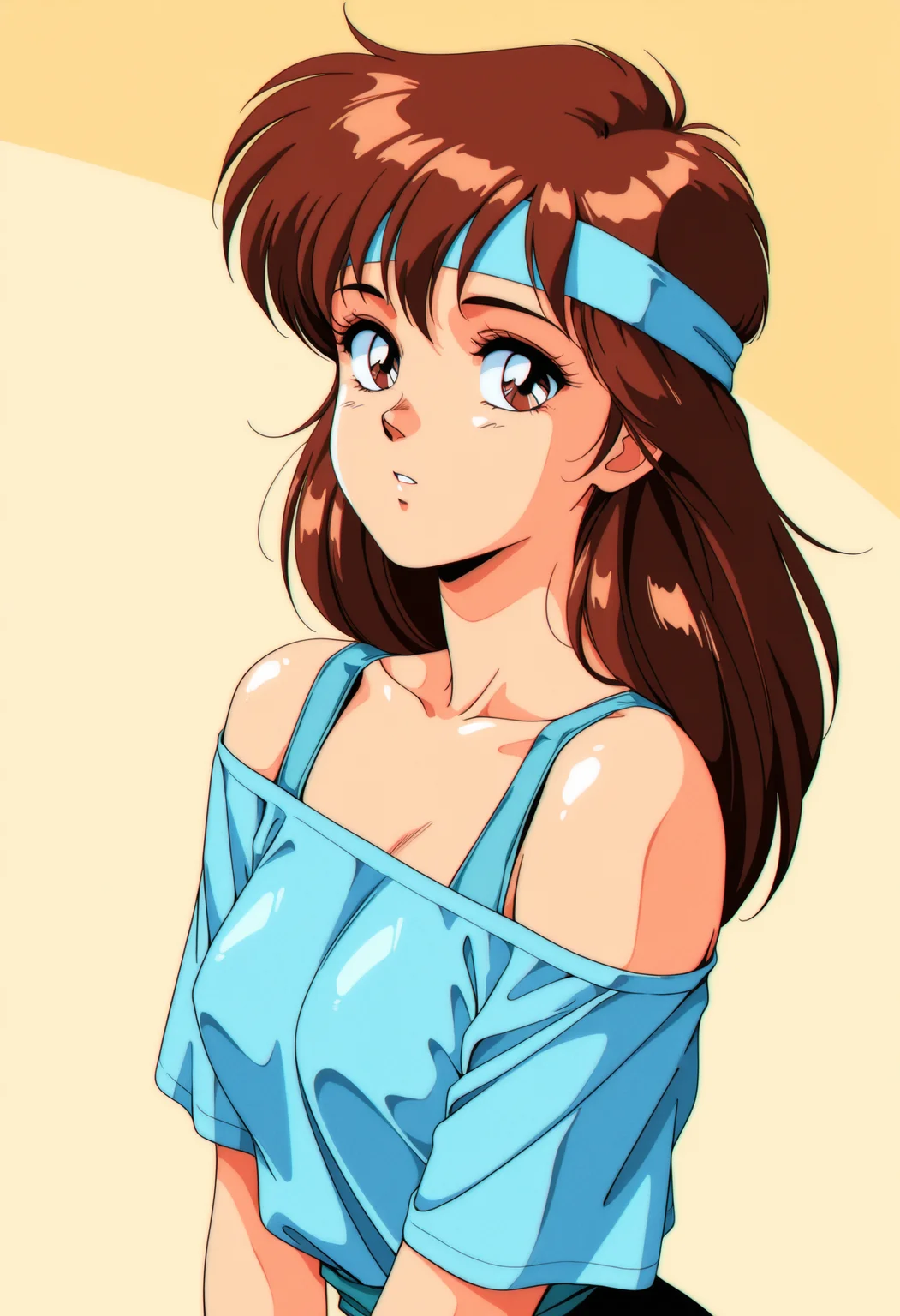 masterpiece, best quality, amazing quality, 1girl, <lora:aerobics_illustrious_byJaneB:1>, sfw,
, blue headband, blue off-shoulder shirt, 1girl, solo, brown hair, retro artstyle, upper body