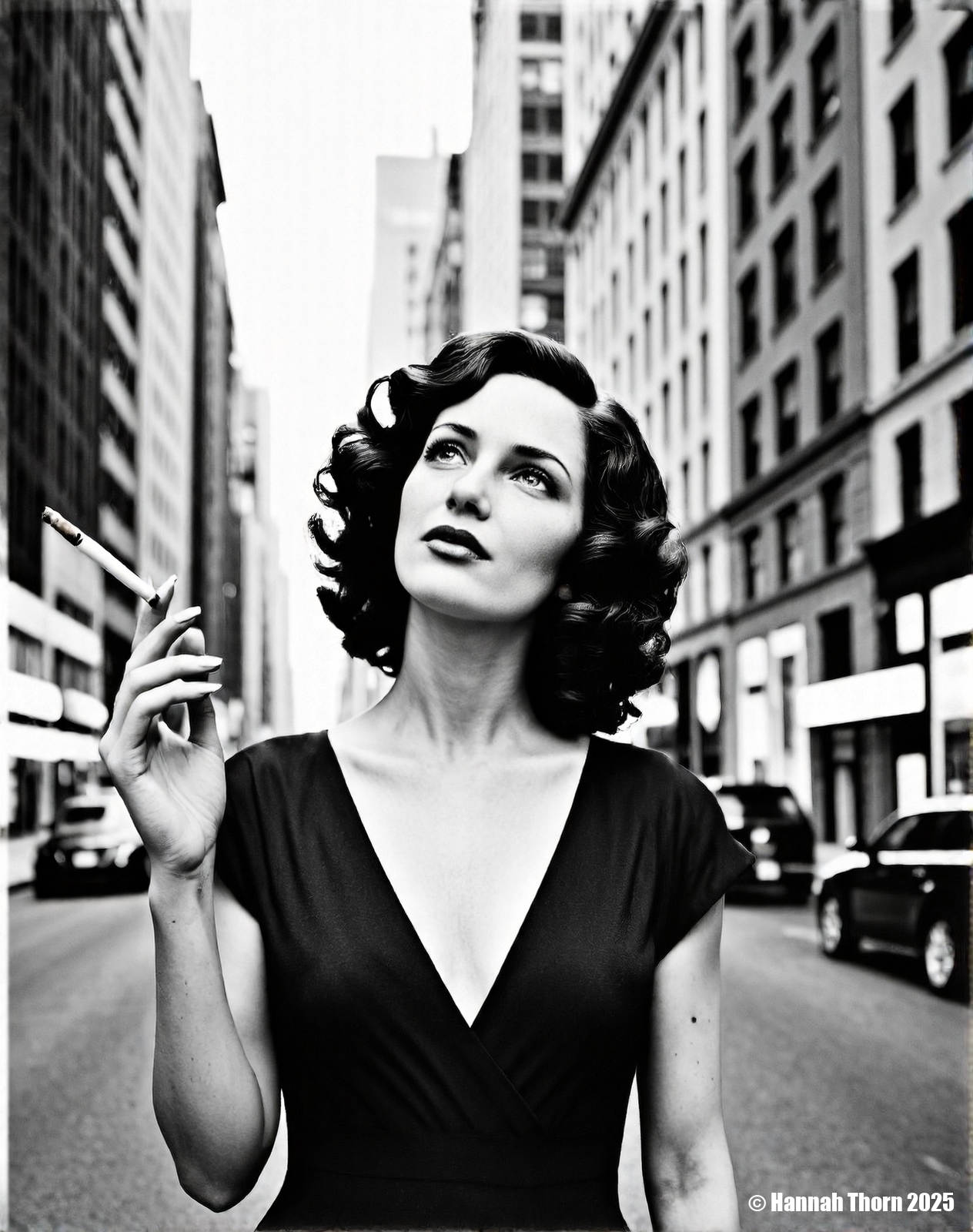 A realistic black and white portrait of a beautiful woman with dark, curly hair, standing in a bustling city street with tall buildings on either side, looking up and slightly to the right, holding a cigarette in her hand, wearing a dark v-neck dress, captured with a shallow depth of field, creating a dreamy and nostalgic atmosphere, reminiscent of classic fashion photography, the lighting is soft and diffused, emphasizing the woman's features and creating a sense of timeless elegance, shot with a medium format camera and a fast lens, such as an 85mm at f/2.8, to achieve a smooth bokeh effect in the background, the buildings are slightly blurred, adding to the overall sense of depth and focus on the subject, the composition is carefully balanced, with the woman positioned slightly off-center to create visual interest, the overall tone is sophisticated and glamorous, evoking a sense of old Hollywood charm, a sense of nostalgia and timeless beauty., <lora:_Flux\_Photographer\Helmut_Newton-000001.safetensors:0.8300000000000002:0.8300000000000002> <lora:_Flux\_Skin_Appearance\detailifier_flux-000006.safetensors:0.8300000000000002:0.8300000000000002> <lora:_Flux\_Skin_Appearance\Old_Beauty.safetensors:0.7500000000000001:0.7500000000000001>, A striking black and white portrait of a woman, reminiscent of classic Hollywood glamour, with a film strip draped across her face, creating a surreal and artistic effect. The image is captured with a shallow depth of field, emphasizing the sharpness of her features and the film strip, while gently blurring the background. The lighting is soft and diffused, highlighting the contours of her face and adding a timeless quality to the photograph. The overall style evokes the elegance of vintage photography, with a modern twist that challenges conventional portraiture. Shot with a Hasselblad camera and an 80mm lens, f/2.8, ISO 100., <lora:_Flux\_Photographer\Helmut_Newton-000001.safetensors:0.8300000000000002:0.8300000000000002> <lora:_Flux\_Skin_Appearance\detailifier_flux-000006.safetensors:0.8300000000000002:0.8300000000000002> <lora:_Flux\_Skin_Appearance\Old_Beauty.safetensors:0.7500000000000001:0.7500000000000001><lora:_Flux\_Photographer\Helmut_Newton-000001.safetensors:0.8300000000000002:0.8300000000000002> <lora:_Flux\_Skin_Appearance\detailifier_flux-000006.safetensors:0.8300000000000002:0.8300000000000002> <lora:_Flux\_Skin_Appearance\Old_Beauty.safetensors:0.7500000000000001:0.7500000000000001>