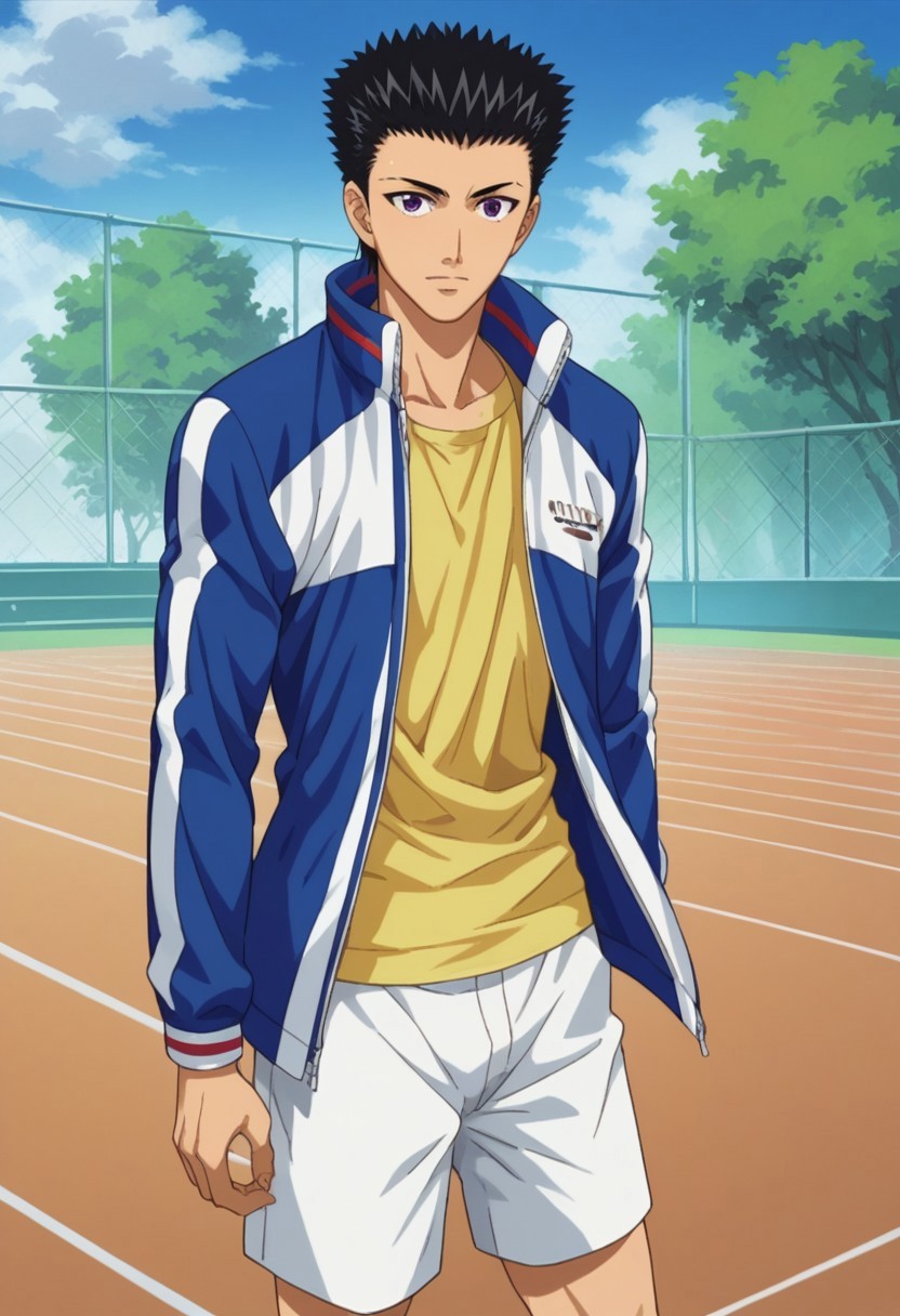 score_9, score_8_up, score_7_up, source_anime, highly detailed, 

takeshi, 1boy, male focus, solo, black hair, short hair, spiked hair, purple eyes, sportwear, shirt, yellow shirt, jacket, track jacket, open jacket, open clothes, shorts, white shorts,

outdoor,