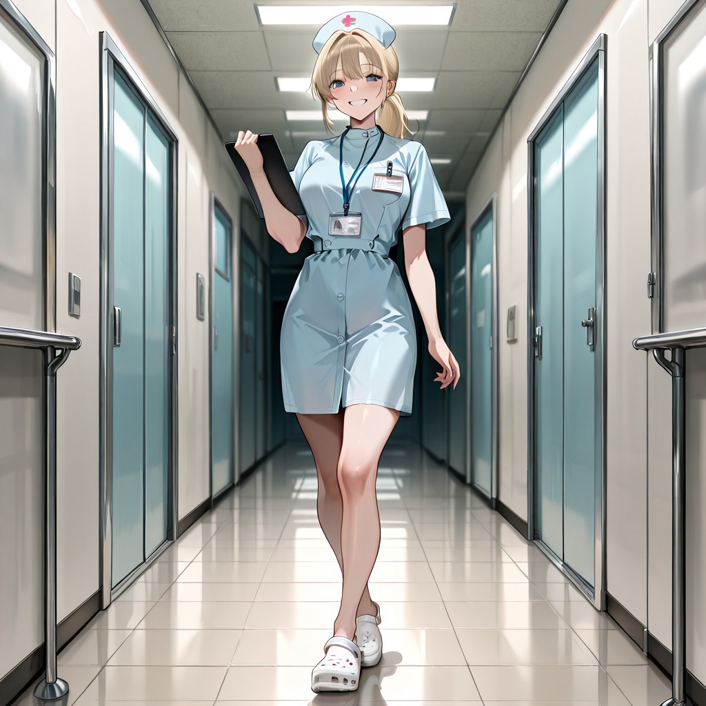 (masterpiece, newest, best quality, highly detailed, very awa, superfine illustration, official art style), very detailed face, hyperrealistic, (UHD quality details), 1girl, from front, crocs_shoes, 1girl, standing, nurse, nurse uniform, blonde ponytail, smiling, white crocs, lanyard, name_badge, holding, holding clipboard, indoors, hospital ward, depth of field, 8k uhd, absurdres, volumetric lighting, tack sharp focus, beautiful composition, intricate detail, professional illustration