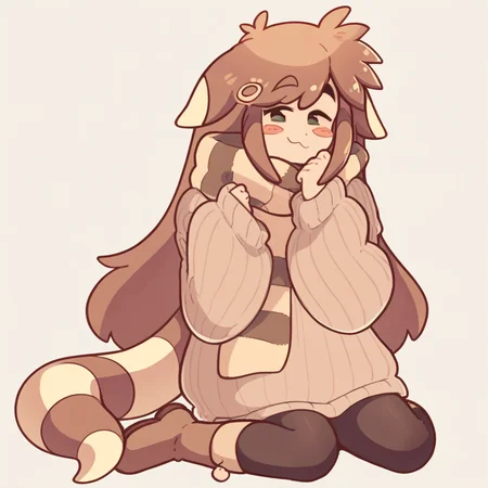 score_9, score_8_up, score_7_up, score_6_up, In the style of loveycloud, gretafurret, 1girl, long hair, tail, blush stickers, raccoon tail, blush, raccoon ears, bangs, green eyes, personification, brown hair, striped scarf, ribbed sweater, black pantyhose, long sleeves, sleeves past wrists, brown boots, sleeves past fingers, hairclip, sweater dress, puffy sleeves, oversized clothes, brown sweater, looking at viewer, sitting, simple background, lower view, smile, :3, solo, closed mouth, half closed eyes, full body, facing viewer