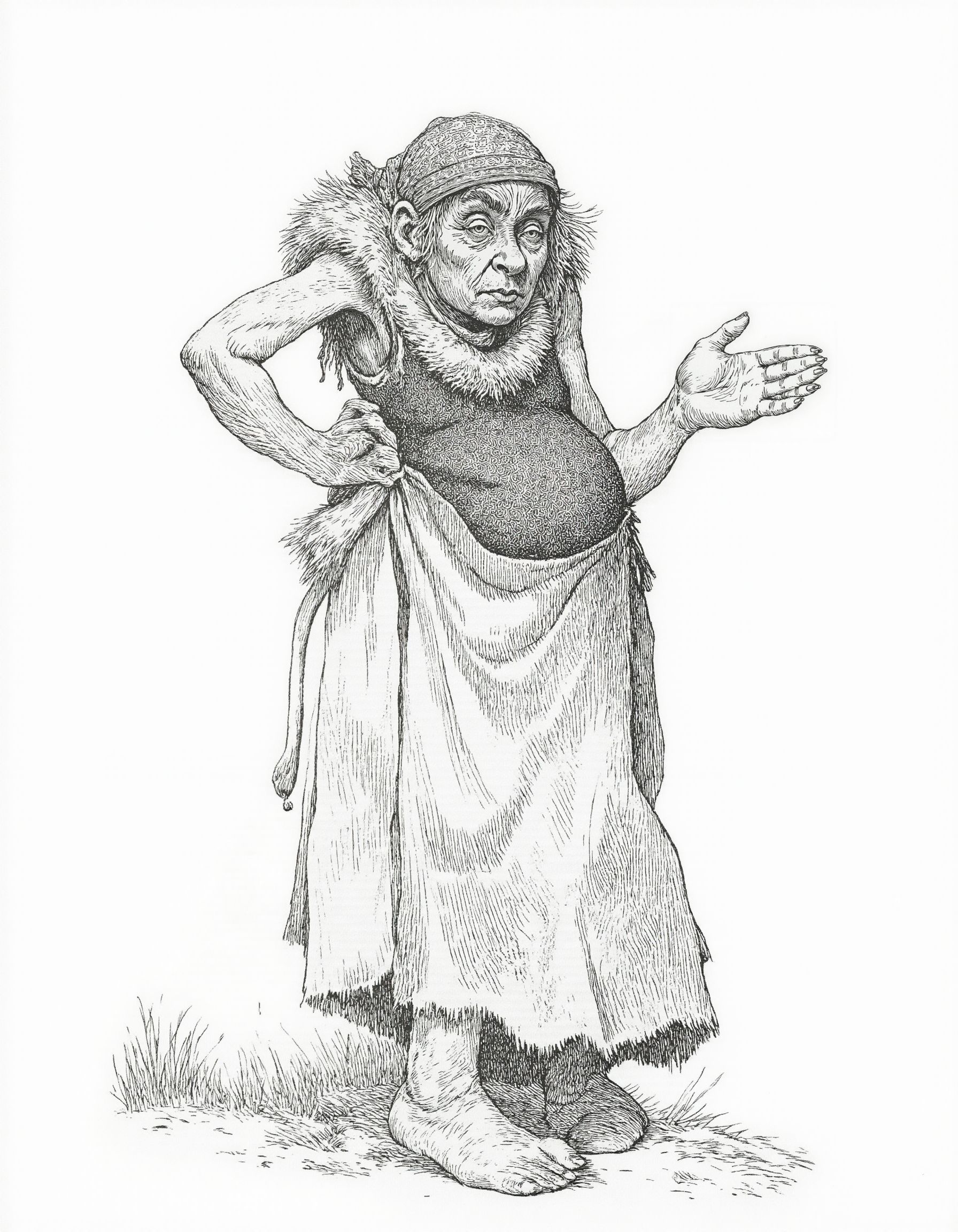 <lora:mig4v:1>, This image is a detailed black and white drawing in a style reminiscent of 19th-century woodcut illustrations. The subject is an old, hunched witch-like figure with a weathered, wrinkled face and a long, pointed nose. Her eyes are large and expressive, with deep furrows around them. She wears a headscarf adorned with a pattern, which covers her head and hangs down to her shoulders. Her attire consists of a tattered, sleeveless vest over a long, ragged dress that drags on the ground. The dress is adorned with a frayed, fur-like collar. Her left hand is raised, palm outward, as if casting a spell or offering something. She holds a staff or walking stick in her right hand, which is resting on the ground. The background is minimalistic, with only a few faint, sketchy lines indicating grass or ground. The overall texture of the drawing is rough and textured, emphasizing the aged and worn appearance of the witch. The image conveys a sense of mystery and magic, typical of folkloric or fairy-tale illustrations.