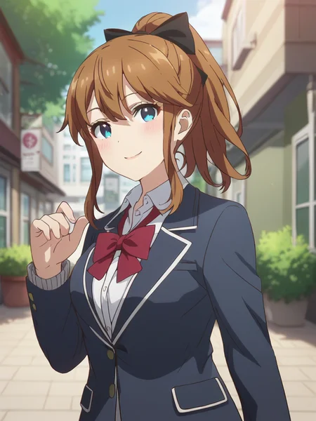 score_9,score_8_up,score_7_up,score_6_up BREAK official art,solo,outdoors,upper body,(portrait:1.5),looking at viewer,facing viewer,smile,blush,Akatsuki Minami,brown hair,long hair,high ponytail,hair bow,black bow,sidelocks,hair between eyes,parted bangs,blue eyes,school uniform,black jacket,blazer,open jacket,wing collar,red bowtie,grey cardigan,collared shirt,white shirt,long sleeves,medium breasts,blue skirt,pleated skirt,black socks,loafers,<lora:Akatsuki Minami(mtm)-Pony:1.6>,
