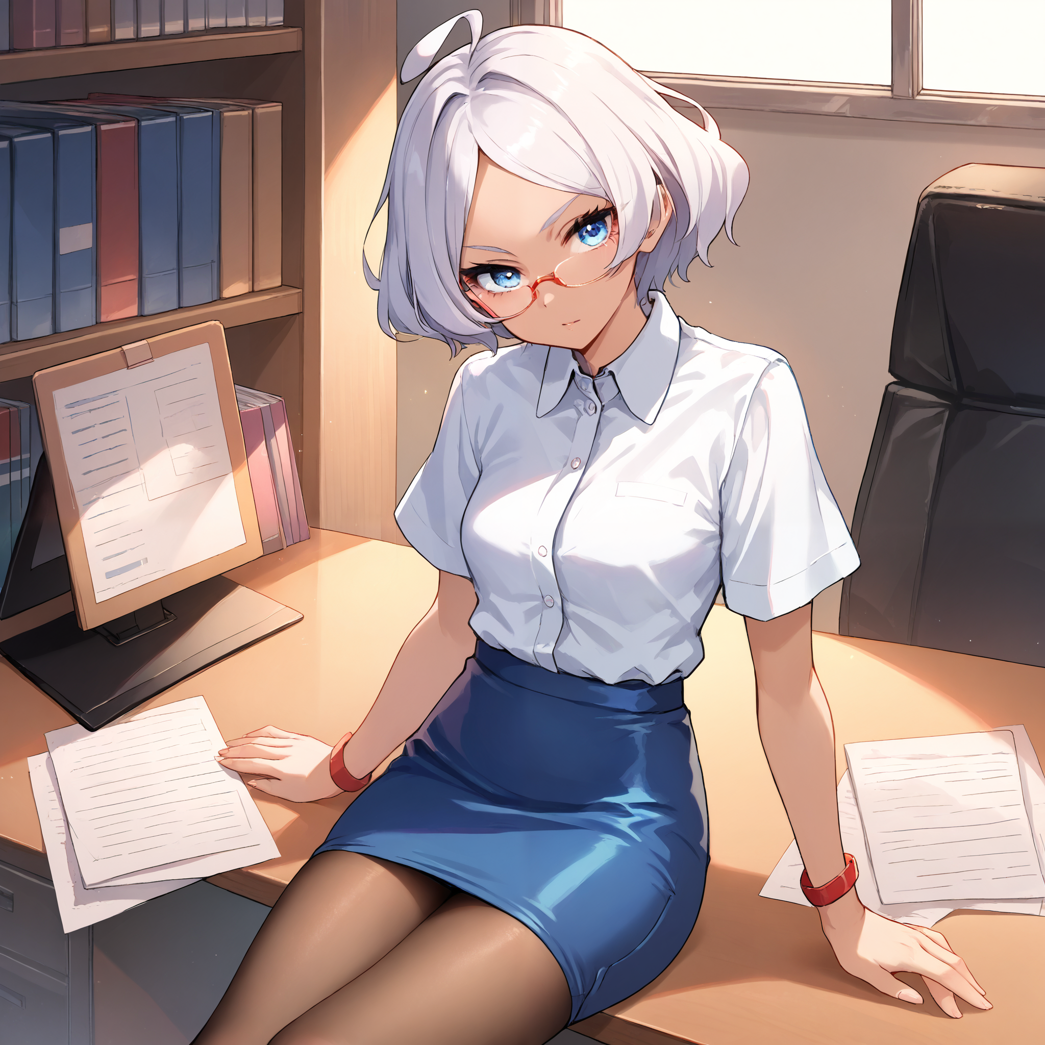 score_9, score_8_up, score_7_up, score_6_up, score_5_up, score_4_up, BREAK source_anime, look at viewer, rating_safe, 1girl, solo, indoors, office, sitting, desk, masterpiece, best quality, high detailed skin,  secelia dote, dark skin, short hair, white hair, ahoge, blue eyes, office lady, white collared shirt, pencil skirt, pantyhose, glasses, short sleeves,