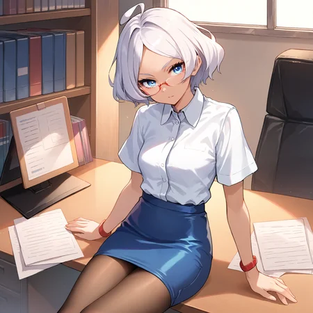 score_9, score_8_up, score_7_up, score_6_up, score_5_up, score_4_up, BREAK source_anime, look at viewer, rating_safe, 1girl, solo, indoors, office, sitting, desk, masterpiece, best quality, high detailed skin, secelia dote, dark skin, short hair, white hair, ahoge, blue eyes, office lady, white collared shirt, pencil skirt, pantyhose, glasses, short sleeves,