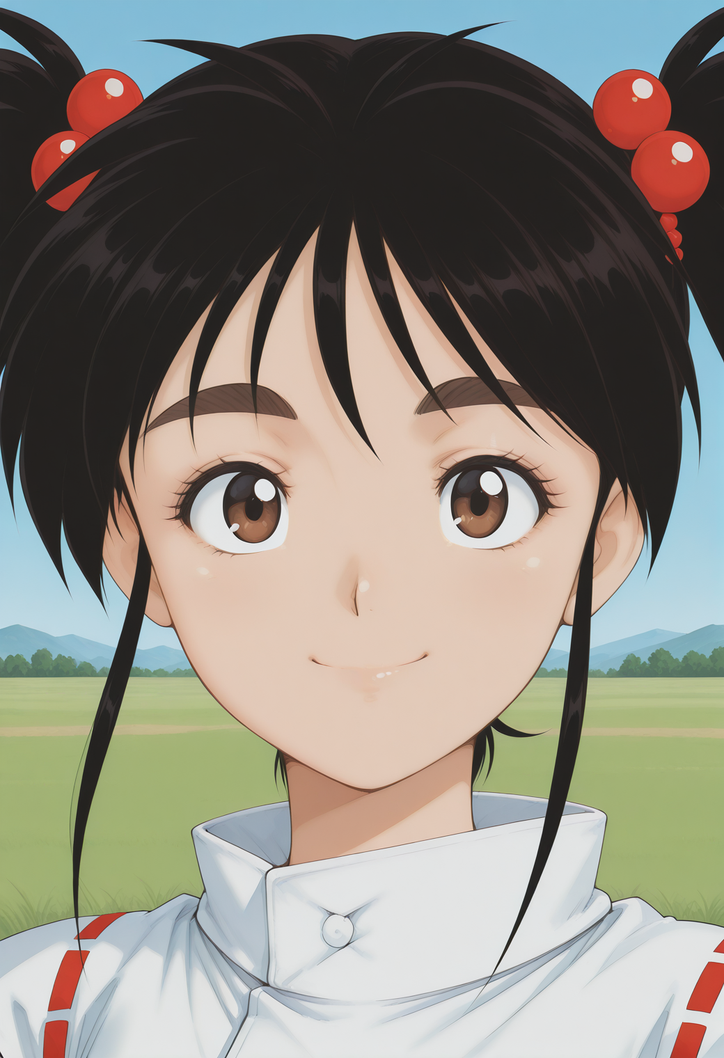 enno_chiaki, thick eyebrows, brown eyes, black hair, long hair, twintails, hair bobbles, japanese clothes, <lora:enno_chiaki_illustrious_ver2:0.8> 
smile,, masterpiece, best quality, very aesthetic, absurdres, general,, 1girl, solo, blue sky, (grasslands:1.2), looking at viewer,, (upper body:1.2), (close-up:1.2), (facing viewer:1.2), (open eyes:1.4), (portrait:1.2)