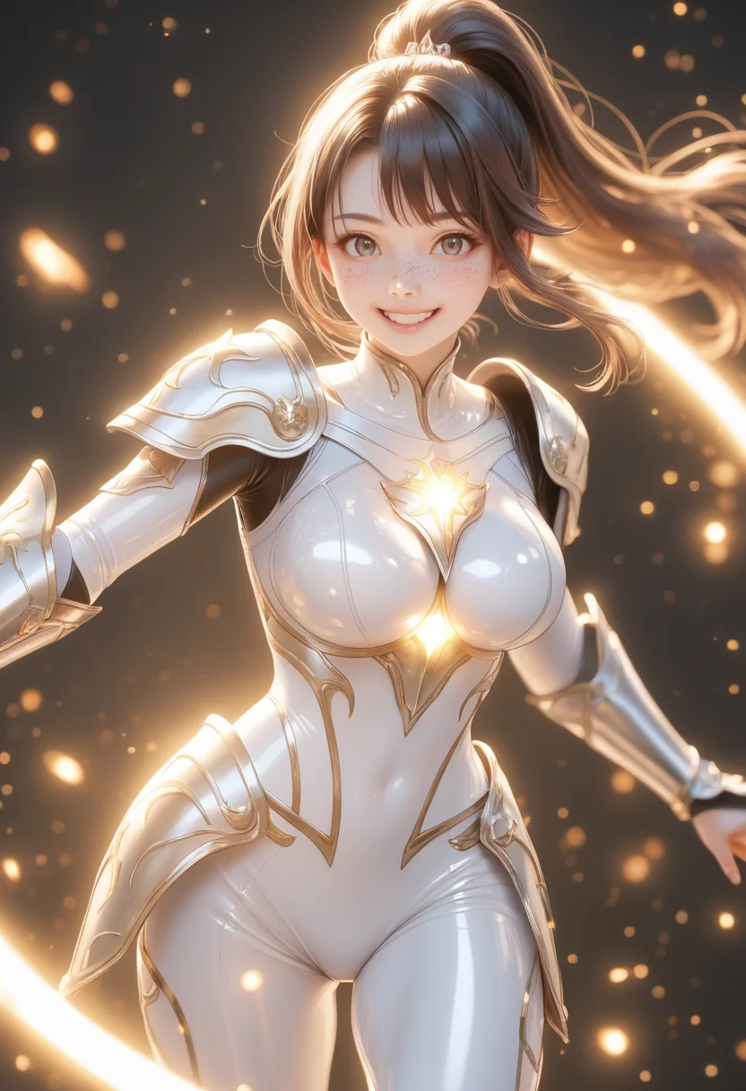 score_9, score_8_up, score_7_up, source_anime, masterpiece, best quality, perfect anatomy, very aesthetic, ((outlined outlined vector graphics)),no norm,
, cute face, glittering, glimmering,, black background, cowboy shot, grin, front view , looking at viewer ,
1girl, solo, 20yo, brown hair, gray eyes, (large breast:1.1), (ponytail:1.1), medium hair,(curvy:1.1),bangs , bodysuit, skin tight, freckles, latex, glowing,, holy armor, silver holy armor, fantasy,glowing, silver skirt, smile, jumping, , action pose , ,happy<lora:holy-armor-01-step00000880:1.0>