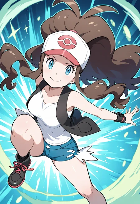 masterpiece, best quality, 1girl, solo, eyelashes, (beautiful eyes), dynamic pose, foreshortening, smile, looking at viewer, BREAK, zzHilda, blue eyes, long hair, high ponytail, sidelocks, hat, collarbone, white shirt, black vest, sleeveless, wristband, short shorts, denim shorts, exposed pocket, <lora:HildaPokemon_NAI:1.0>,