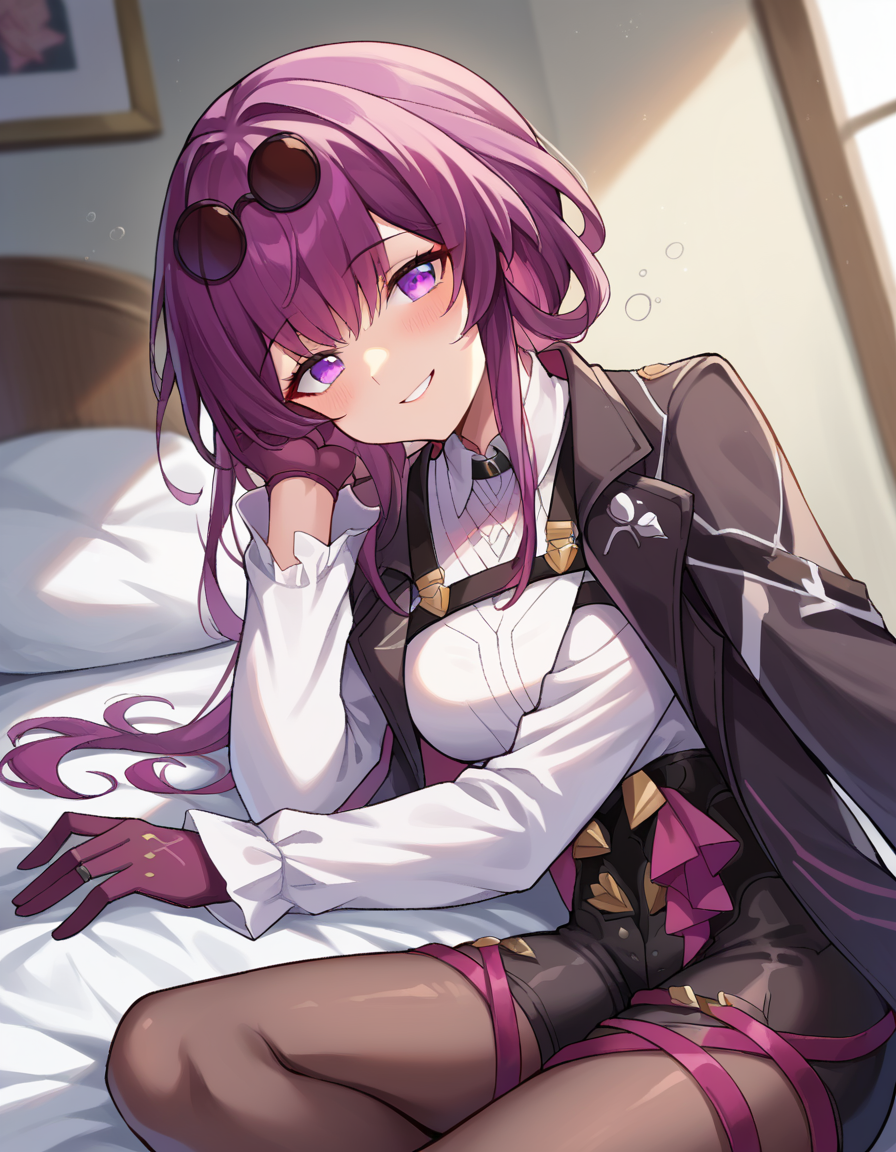 score_9, score_8_up, score_7_up, source_anime,
honkaikafka, <lora:honkai-kafka-ponyxl-lora-nochekaiser:1>,
kafka, eyewear on head, round eyewear, purple eyes, purple hair, long hair, smile,
black jacket, gloves, high-waist shorts, jacket, pantyhose, pantyhose under shorts, shirt, shorts, white shirt
indoors, bed, bed room, on side, blush, drunk,
looking at viewer, dutch angle, cowboy shot,