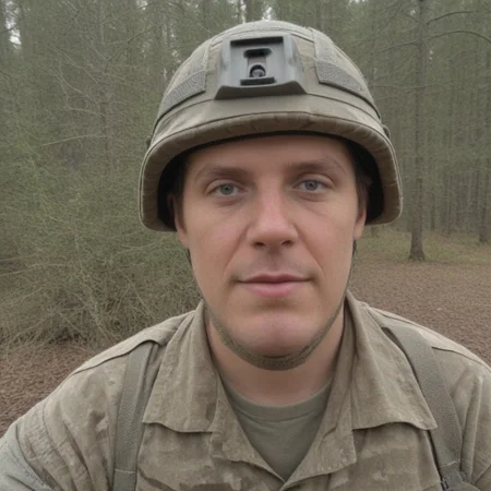Score_8, score_9, masterpiece, source_photo, 1boy , 29 years, Irish man, ((Wearing a Virtus Helmet, brunette had multicam base cover)), Virt_Helm, in a coniferous forest, <LoRa: British Army MTP Uniform: 1.0>, dark_olive_green British army MAN_SV Truck in the background, close-up,Vert_helm