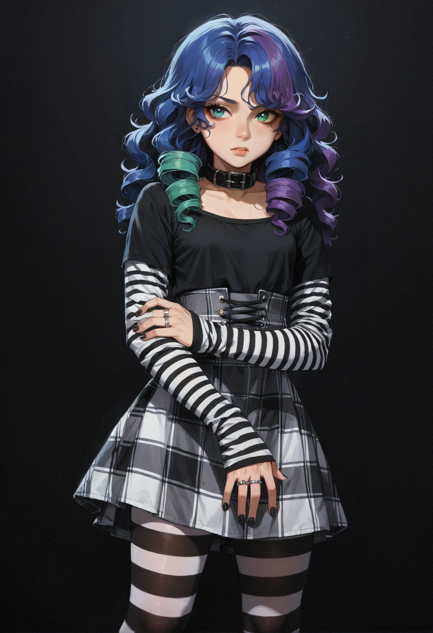 score_9,score_8_up,score_8_up,(portrait:1.3),dark background,1girl,standing,full body,blue hair,purple hair,two-tone hair,very long curly hair,green eye,blue eye,heterochromia,high-waist plaid skirt,striped clothes,striped pantyhose,black top,long sleeves,black platform high heels,small breasts,black nails,multiple rings,striped sleeves,black collar,striped arm warmers,sleeves past wrists,high-waist skirt,<lora:MyTrainings\Temp\AlterCiri_Striped_Socks_Goth_Dress_Pony_ARZUMATA\AlterCiri_Striped_Socks_Goth_Dress_Pony_ARZUMATA.safetensors:0.6>