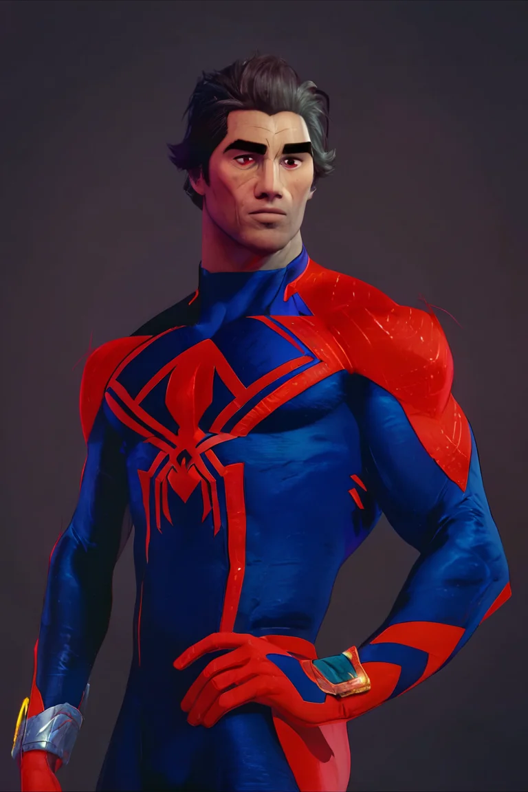 score_9, score_8_up, score_7_up, miguelohara, spidey2099suit, 1boy, solo, male focus, mature male, short hair, brown hair, red eyes, dark skin, dark-skinned male, thick eyebrows, superhero, red bodysuit, blue bodysuit, multicolored clothes, looking at viewer, standing, cowboy shot, simple background, dark background <lora:Spider-Man 2099 (Miguel O Hara) v1.1 HQ LoRA_Pony XL v6:0.8>