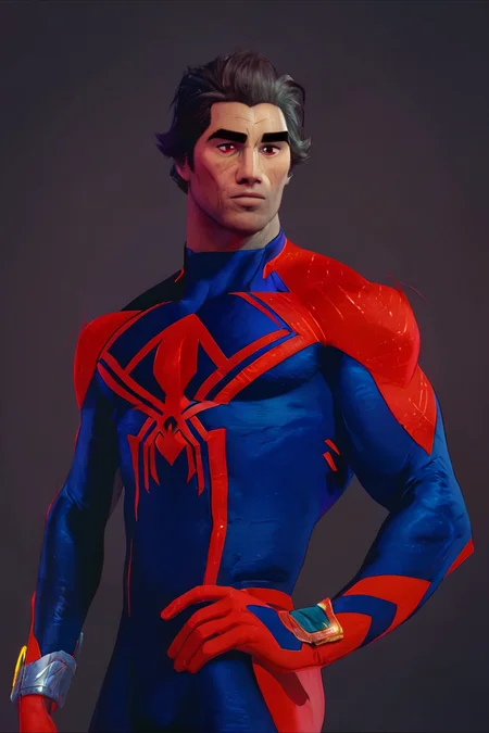 score_9, score_8_up, score_7_up, miguelohara, spidey2099suit, 1boy, solo, male focus, mature male, short hair, brown hair, red eyes, dark skin, dark-skinned male, thick eyebrows, superhero, red bodysuit, blue bodysuit, multicolored clothes, looking at viewer, standing, cowboy shot, simple background, dark background <lora:Spider-Man 2099 (Miguel O Hara) v1.1 HQ LoRA_Pony XL v6:0.8>