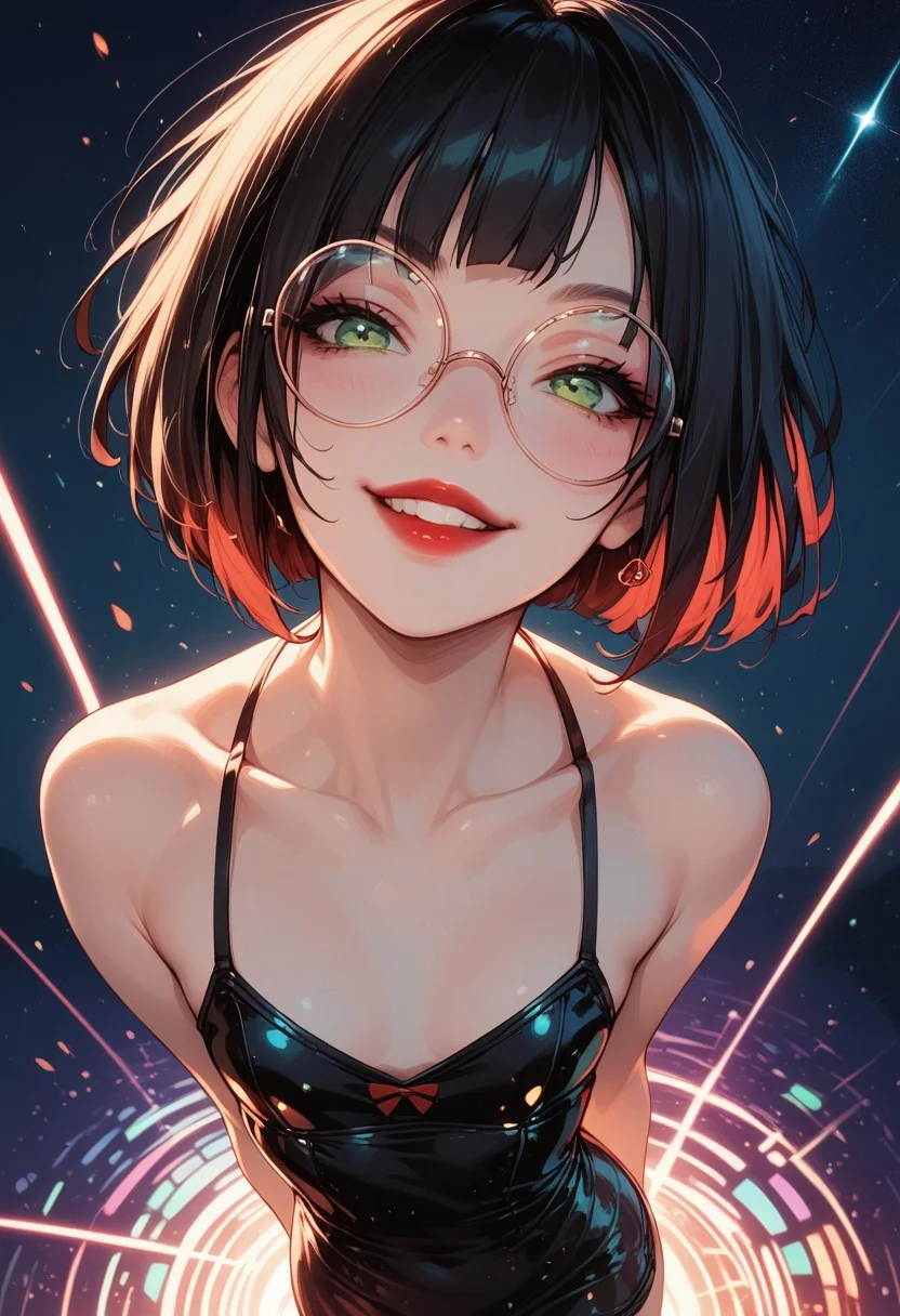 score_9, score_8_up, score_7_up, score_6_up, rating_questionable,y0mUy4k4d4sh1, 1girl, Polly, PollyRH, short hair, bobcut, black hair, bangs, green eyes, small breasts, almost flat chest, slim, pale skin, big round eyeglasses, clear eyeglasses lenses, nice round ass, red lipgloss, HD32k, dynamic pose, aesthetic, perspective, solo, detailed, sensual look, pinup pose, night, outdoor, , sensual look, pinup pose, starrynightdress, front view, high angle view, smiling