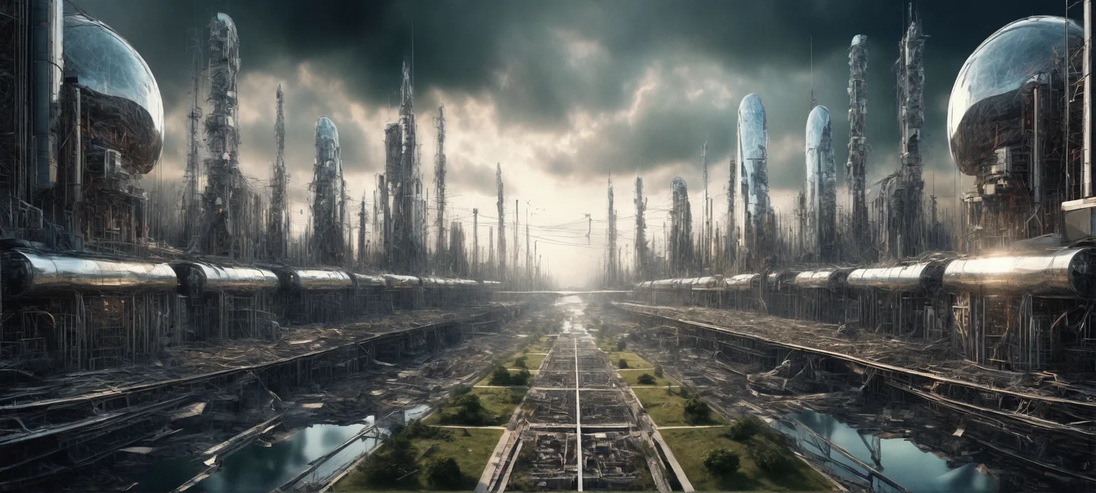 surreal post-singularity landscape, unimaginable, unfamiliar, A godly AI transformed everything into self-assembling with no care for irrelevant human, panic, humanity erased, tragedy, mistake, age of the AI, incomprehensible scales, splendid tragic landscape of ascended technology, nothing familiar exists anymore, it's all built to harvest energy for the mindless AI