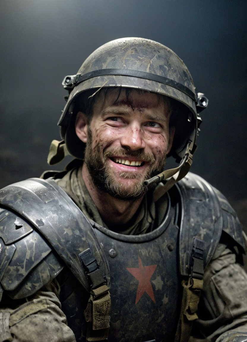 cinematic movie poster, close-up, headshot, uscmc man sitting in cover at night after battle, uniform, helmet, dirty uniform, scratches, dents, heavy used armor, grin, foggy and dark, dramatic lighting, beard,
<lora:United_States_Colonial_Marine_Corps_-_Aliens_SDXL:0.8>