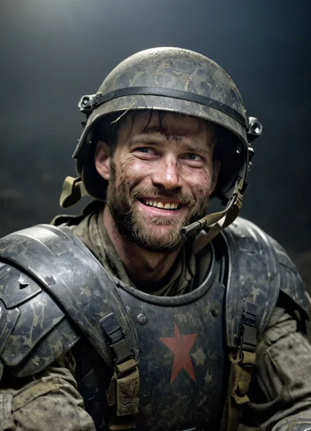 cinematic movie poster, close-up, headshot, uscmc man sitting in cover at night after battle, uniform, helmet, dirty uniform, scratches, dents, heavy used armor, grin, foggy and dark, dramatic lighting, beard,
<lora:United_States_Colonial_Marine_Corps_-_Aliens_SDXL:0.8>