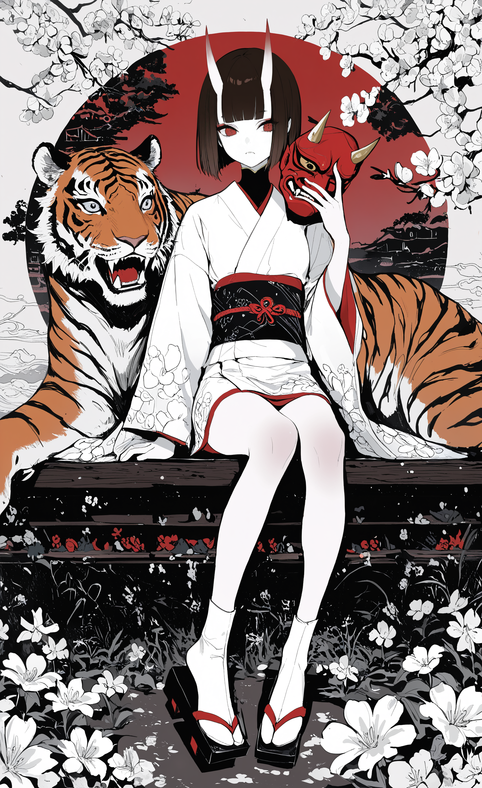 masterpiece, best quality, good quality, very awa, newest, highres, absurdres, 1girl, solo, short hair, brown hair, black hair, long sleeves, holding, sitting, full body, flower, horns, japanese clothes, socks, blunt bangs, wide sleeves, kimono, sash, mask, fangs, white socks, sandals, bob cut, obi, white flower, white kimono, oni, geta, tabi, short kimono, skin-covered horns, unworn mask, holding mask, tiger, oni mask, limited palette, <lora:illustriousXL_stabilizer_v1.23:0.3> <lora:NOOB_vp1_detailer_by_volnovik_v1:0.3> <lora:ponyv6_noobE11_2_adamW-000017:0.3> <lora:114558v4df2fsdf5:0.6> <lora:XXX667:0.4> <lora:mon_monmon2133:0.5>