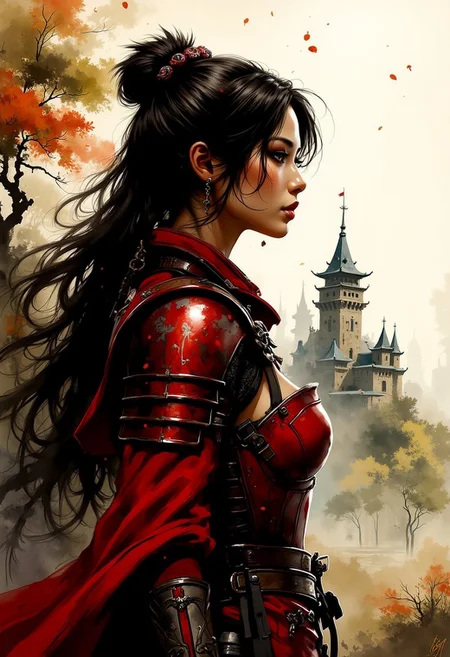 A dinkfsn style ink wash painting, Silhouette Art, magnificent, closeup side portrait of stunning japanese woman, long loose hair, gleaming red medieval plate armour, standing in front of castle, dappled sunlight