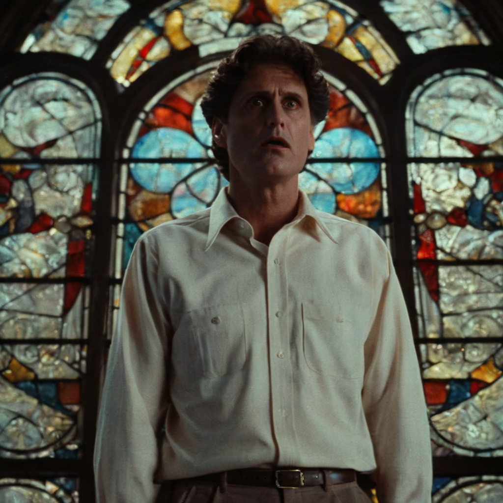 Horror-themed,  <lora:Fright Night 1985 Film Style:1>
Cinematic Medium low angle from below Shot, Film Footage captured by Panavision Cameras and Lenses, young Chris Sarandon as Jerry Dandrige a man in a white shirt standing in front of a stained glass window, staring with a surprise big eyes look and open mouth at something in front of camera, with perfect dramatic shadow light on,  Fright Night 1985 Film Style, Eerie, unsettling, dark, spooky, suspenseful, grim, highly detailed