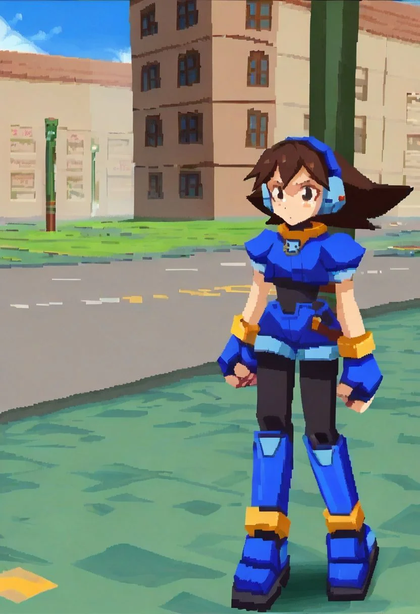 score_9, score_8_up, score_7_up, 1girl, small breasts, brown hair, short hair, robot ears, black bodysuit, fingerless gloves, blue Cropped Jacket, cropped jacket, short sleeves, bracelet, shorts, anklet, shoes, blue footgear, looking at viewer, standing, leggings, city background, rcklgnd