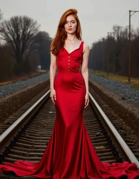 A blazing redhead supermodel stands on an active railway track, her crimson silk gown pooling at her feet as the distant glow of an oncoming train approaches. The wind rushes against her, sending shivers through her exposed skin. She locks eyes with the camera, her gaze dripping with defiance and raw eroticism. Itâs a high-stakes moment of beauty and dangerâthe sound of steel against steel, the scent of adrenaline in the air, and the undeniable presence of a woman who refuses to move <lora:jialissa64:0.9>