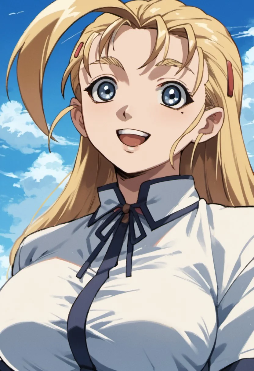 score_9, score_8_up, score_7_up, source_anime, miu furinji, blue eyes, blonde hair, long hair, 1girl, solo, large breasts, hair ornament, hairclip, sky, mole, open mouth, day, smile, cloud, antenna hair