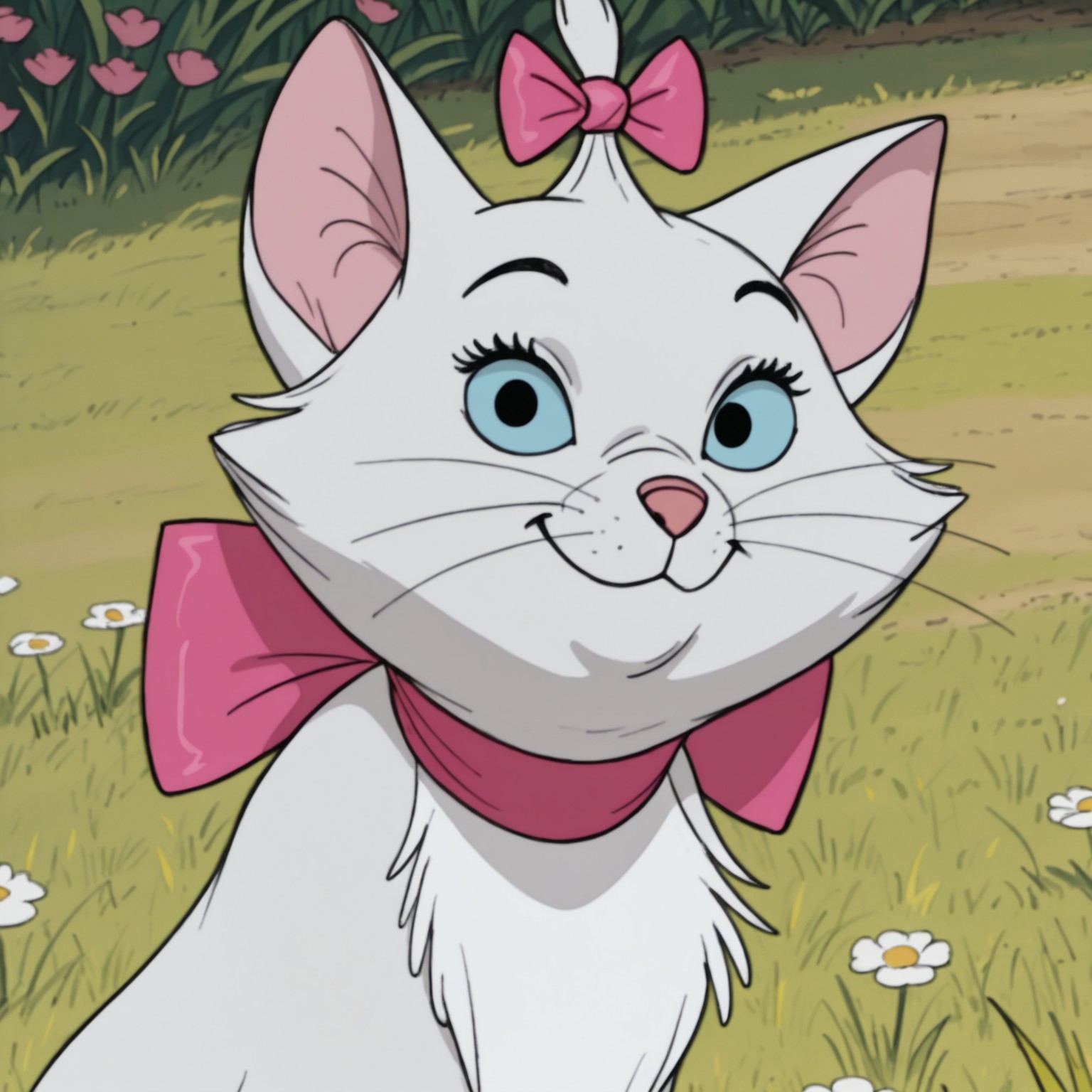 uncensored, masterpiece, best quality, highly detailed, realistic, solo, MarieAT, furry, feral, feline, cat, pink inner ear, black eyebrows, light-blue sclera, black eyes, pink nose, white body, white fur, white chest tuft, pink bow ribbon, neck bow, bow accessory, whiskers, upper body, sitting, close-up, smile, closed mouth, looking at viewer, grass, flowers, backyard, detailed background